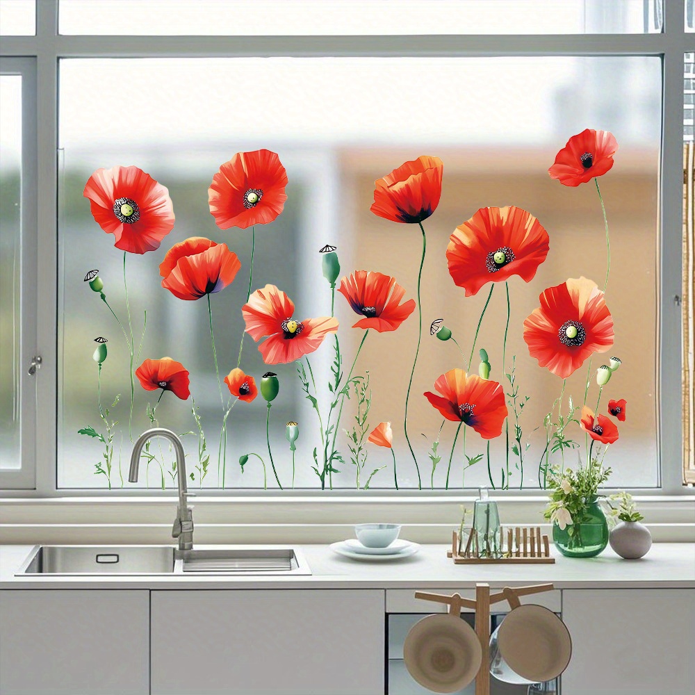 E-shop Ein dekorativer Fensteraufkleber mit einer kreativ gemalten roten Blume, entwickelt mit statischer Haftung zur Verwendung in Schlafzimmern,