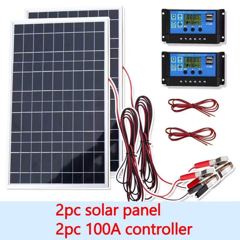 TEMU 2pcs Solar Panel Kit With 100a Charging Controller, Usb-powered Portable Outdoor Solar Power , Suitable For Camping, Rvs, Boats, Mobile Phone
