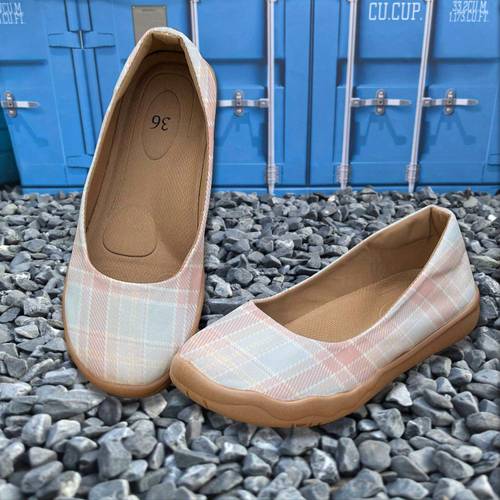 womens lightweight slip on loafers soft sole flat shoes with beige white checkered pattern fabric upper tpr sole comfortable casual footwear for dates date night shoes versatile breathable materials stylish durable construction