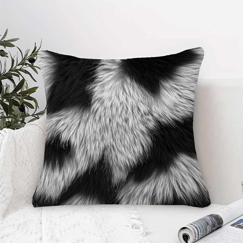 TEMU 1pc Black And White Faux Fur Pattern Throw Pillow Cover, 45.72x45.72cm, Zipper Closure, Machine Washable, Polyester Plush Pillow Cover, Suitable