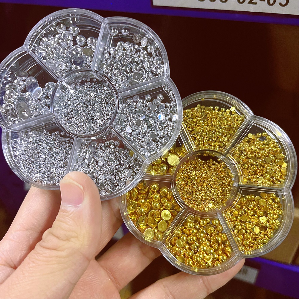Image of 2 Boxes Golden Silvery Mixed Half Round Abs Pearl Beads Nail Charms Mixed Size Flatback Caviar Beads Ball Nail Art Rhinestone Manicure Decoration