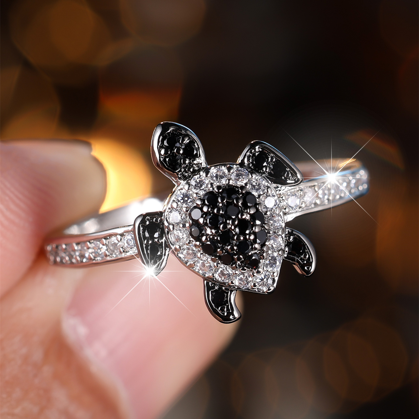 TEMU Fashion Silvery Color White Black Stone Ring Synthetic Synthetic Zirconia Turtle Ring Valentine's Day Jewelry Gifts