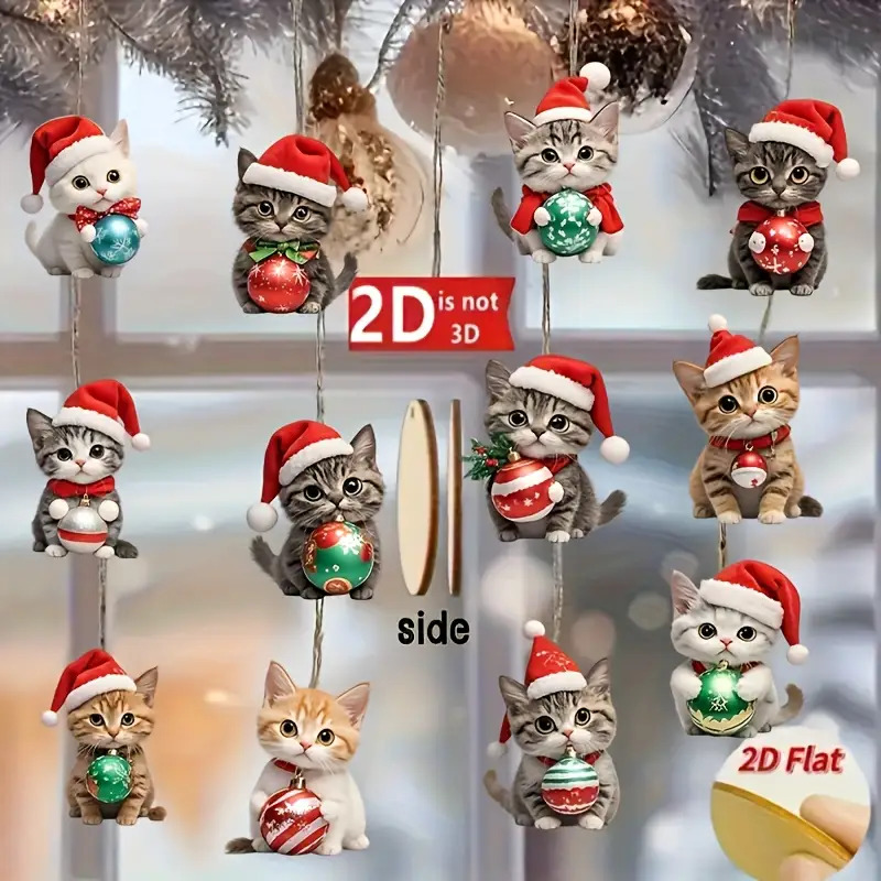 TEMU 2d Flat - 12 Christmas Kitten Ornaments In 2d, Handcrafted Wooden Holiday Decorations, Featuring Perfect 2d Designs, Elegant Wooden Tags, 2d