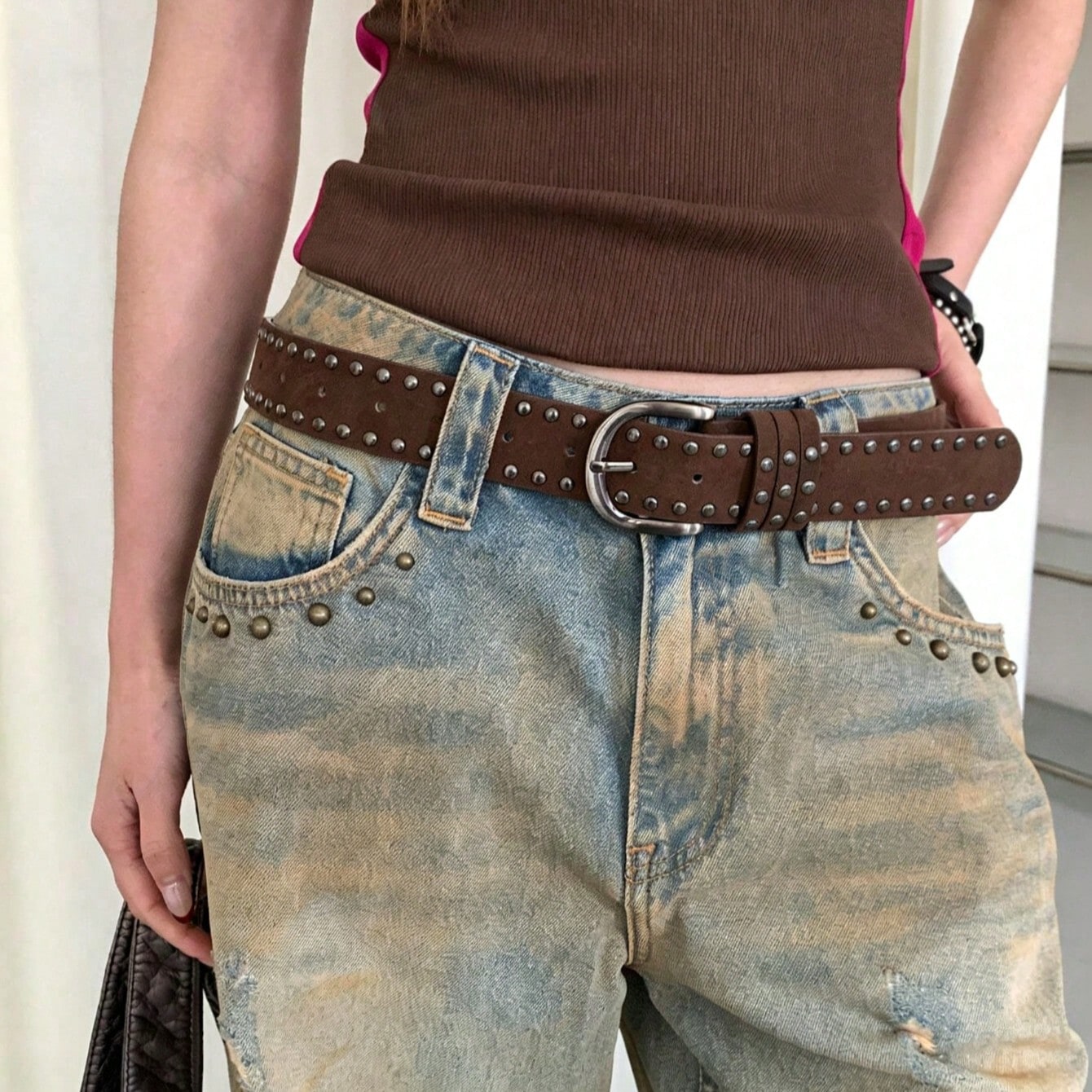 TEMU Ceinture rétro marron à clous, 1 pièce, ceinture punk, ceinture de décoration tendance pour jean pour femme, accessoires quotidiens streetwear