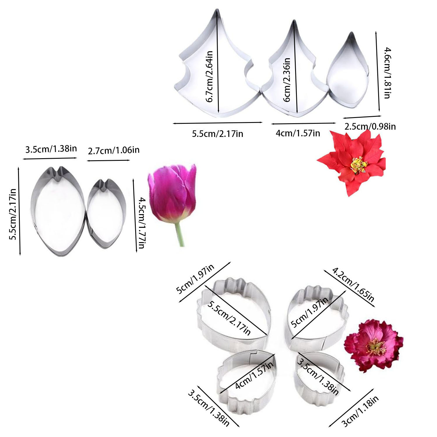 TEMU 9pcs Stainless Steel Petal Cutter Set, Suitable For Fondant Flower Modeling And Cake Decoration. Includes Peony, Poinsettia, And Tulip-shaped