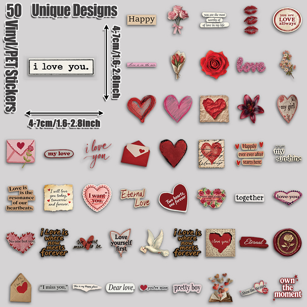 TEMU Confezione da 50 adesivi per tablet amore, per feste, compleanni e decorazioni per la casa, adatti per laptop, valigie, scooter, agende, tazze,
