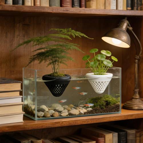floating aquarium plant pot suitable for fish decor suspended planter bowl with grid cone shaped plastic planter lightweight hanging fish decoration for aquatic plants fish bowls aquarium accessories