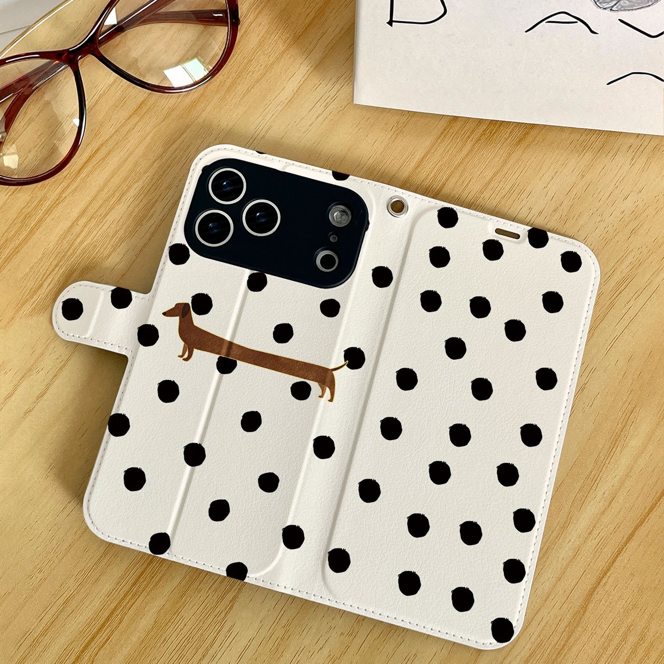 TEMU Phone Case: 1 Cute Dachshund Polka Dot Pattern Synthetic Leather Flip Phone Case For Iphone 17/17pro/17promax/17air/iphone