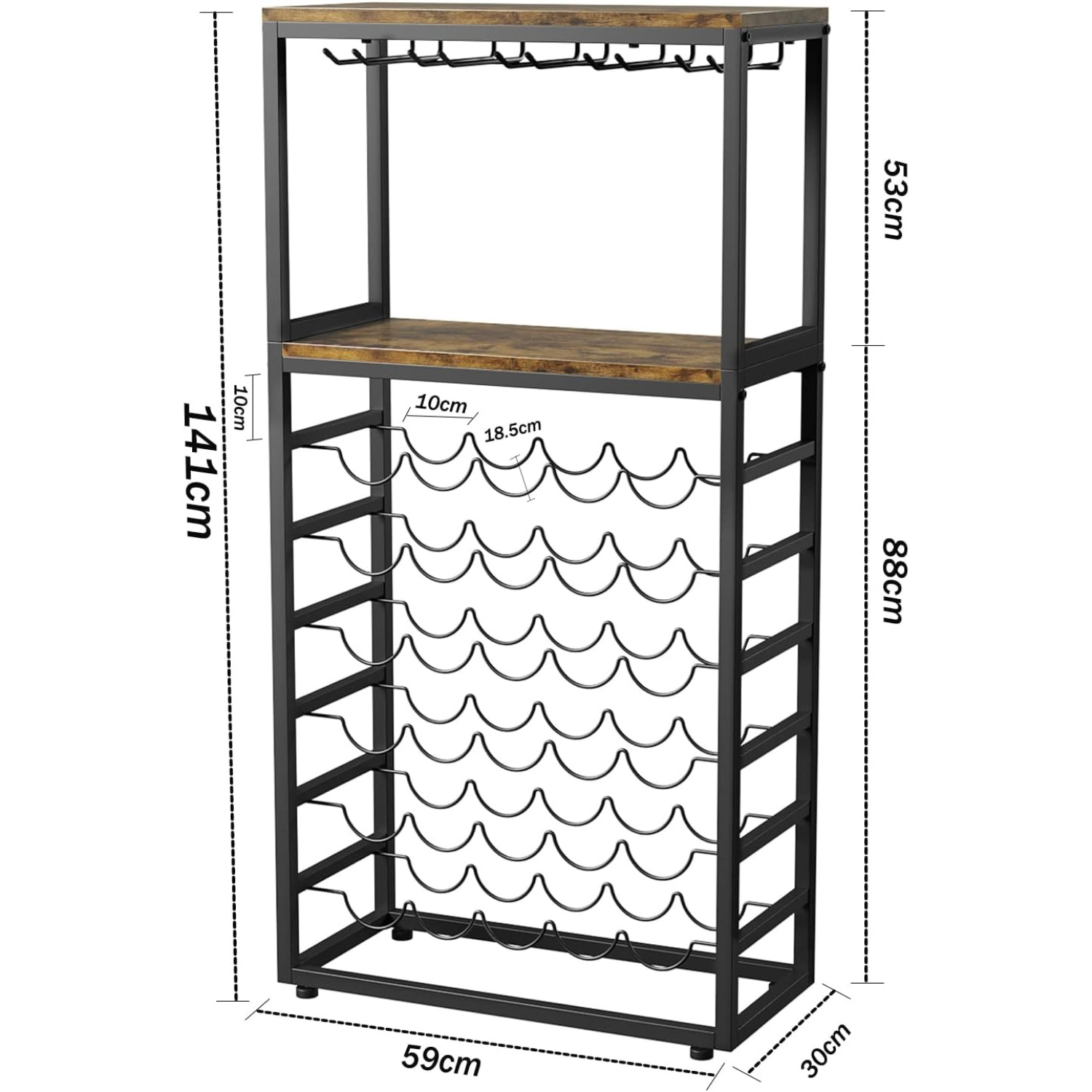 Wine Rack For 30 Bottles, Freestanding Bottle Holder With Glass Holder And Table Top, Metal Display Shelves Vintage For Kitchen, Bar, Basement, Dining Room