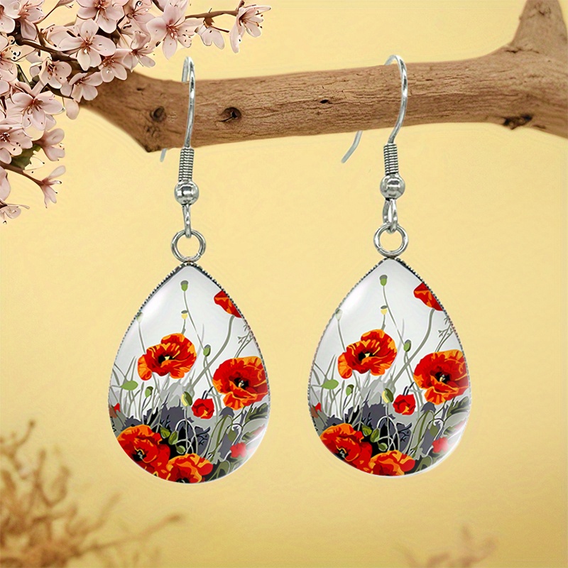 TEMU Boucles d'oreilles en verre à avec illustration florale à l'huile - Accessoires de mode et bijoux
