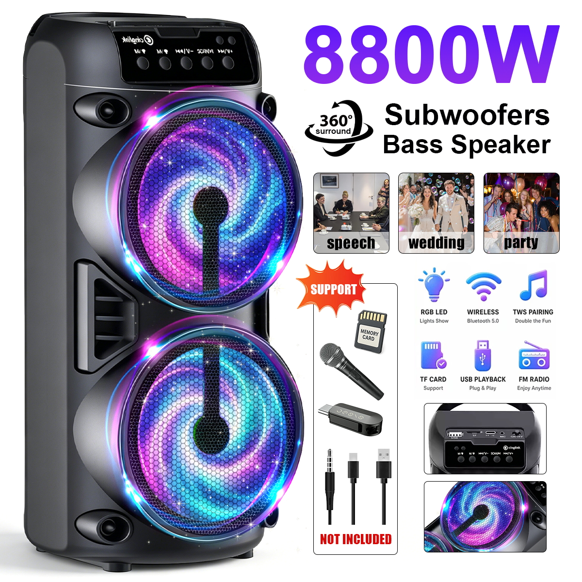 8000w Portable Pa Bluetooth Speaker With Rgb Lighting, Lightweight Subwoofer And Convenient Speaker, Supports Fm Radio, Bt/tws/usb/tf/microphone Input, Suitable For Family Parties, Holiday , Loud