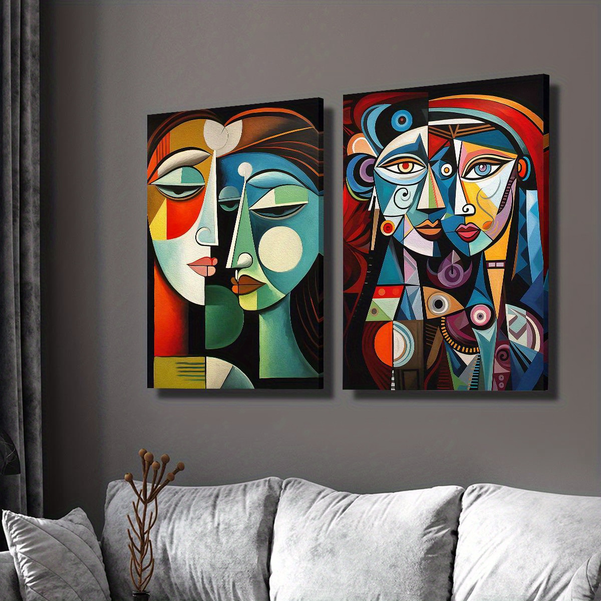2pcs wood framed canvas print art   geometric abstract face collage female face coloring geometric   abstract character illustration suitable for home wall decoration