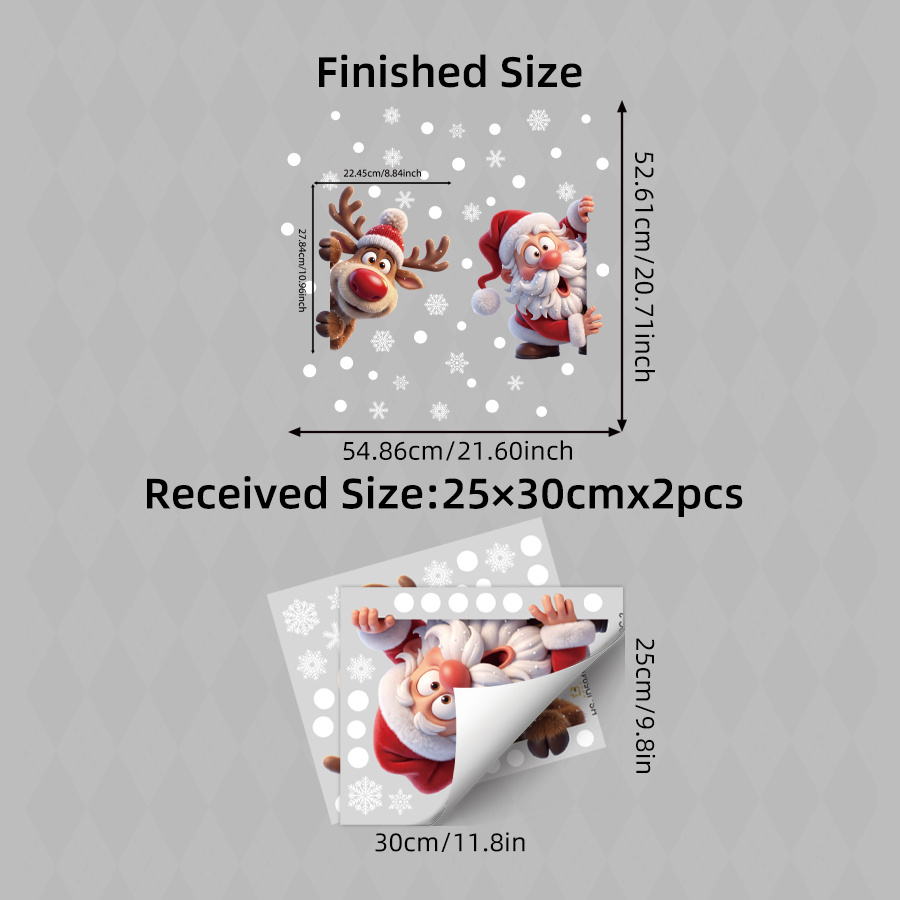 TEMU 2pcs Fun Santa Claus Window Stickers, Cute Reindeer With Red Hat Christmas Wreath, Double-sided Static Cling Window Decals, Suitable For Home