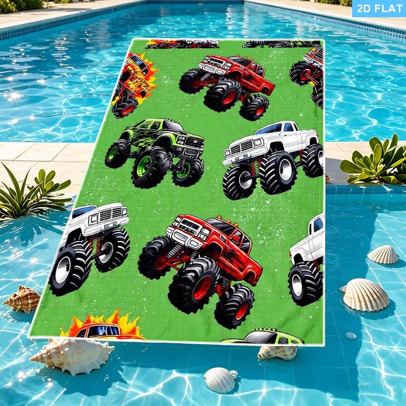   Cartoon Colorful Monster Truck Print Microfiber Beach Towel, Multiple Specifications  ,   Absorbent Towel,    , Swimming Pools, Trips, Camping, Yoga, Showers & Sunbathing, Ideal Gift for  