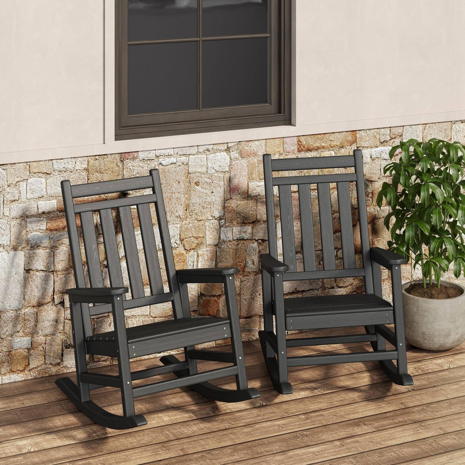Image of Ergonomic High Back Patio Rocker Hdpe Durability Indoor Outdoor Porch Garden Lawn Adirondack Style Rocking Chair Fade-resistant Uv-stable Low Maintenance