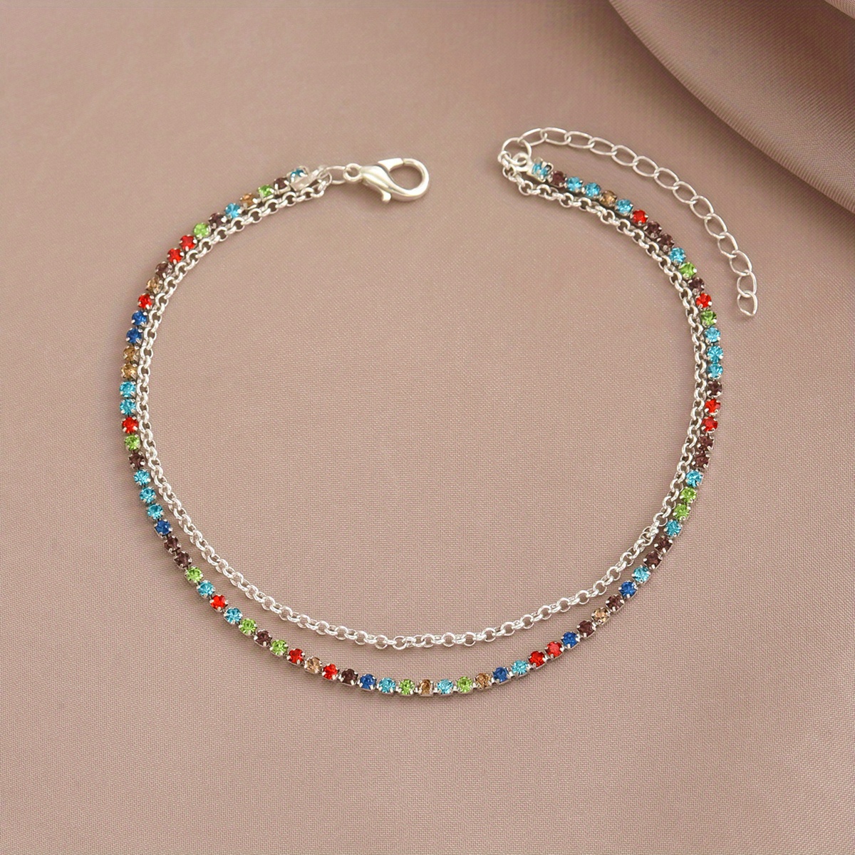 Image of 1pc Style Double Layer Color Glass Inlay Women's Fashion Foot Chain Suitable For Summer Matching Wear