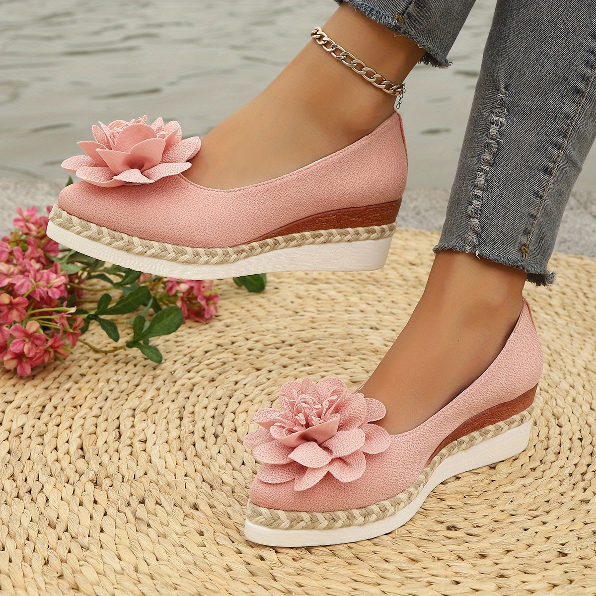 womens red floral bow detail pointed toe wedge shoes thick Temu