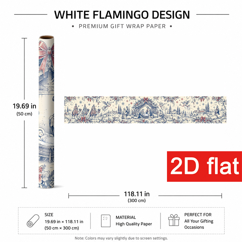TEMU Papier Cadeau de Noël Luxueux 2D Plat, 1 Rouleau 50X300Cm (19.7X118.1In), Papier d'Emballage de Fête d'Hiver avec Scène de , Accents Floraux et