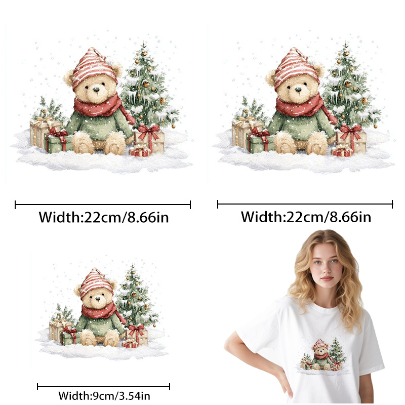 TEMU 3pcs Christmas Bear And Gift High-definition Heat Transfer Stickers, Diy Iron-on Patches, Suitable For Backpacks/pillows/pants/sofa Covers, Easy