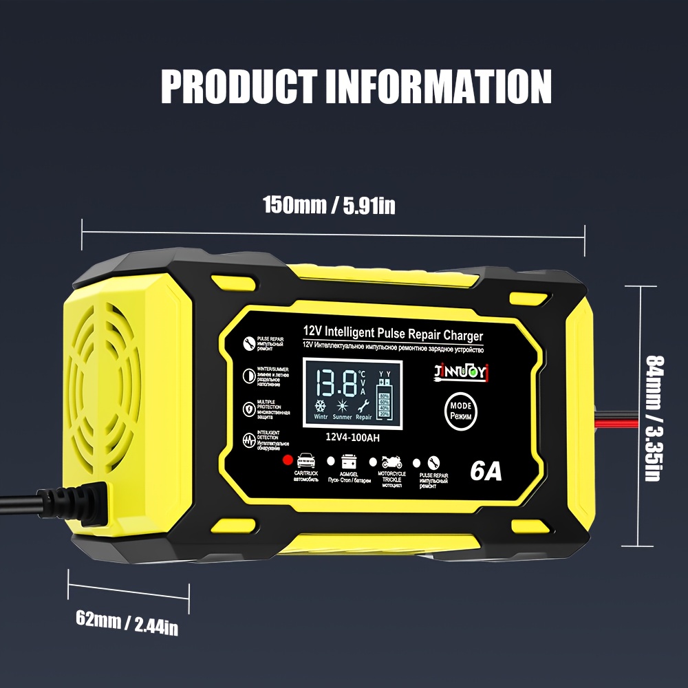 12v 6a паметен полнач за поправка со   и lcd дисплеј | погоден за  , камиони, мотоцикли, косилки за трева и чамци - продолжен век на батеријата, заштита од прегревање, детекција на поларитет, автоматски режим, ce/, без батерија Детали за производот 14
