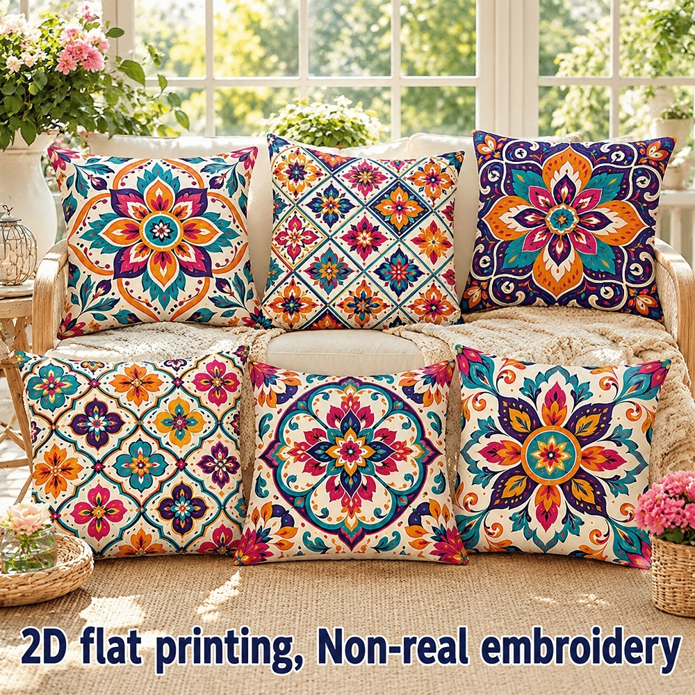 TEMU 2d Flat, 6pcs, Ethnic Style Mandala Floral Printed Pillowcases, Bohemian Style Home Decor Cushion Covers, Gift For Family, , , Zipper Closure,