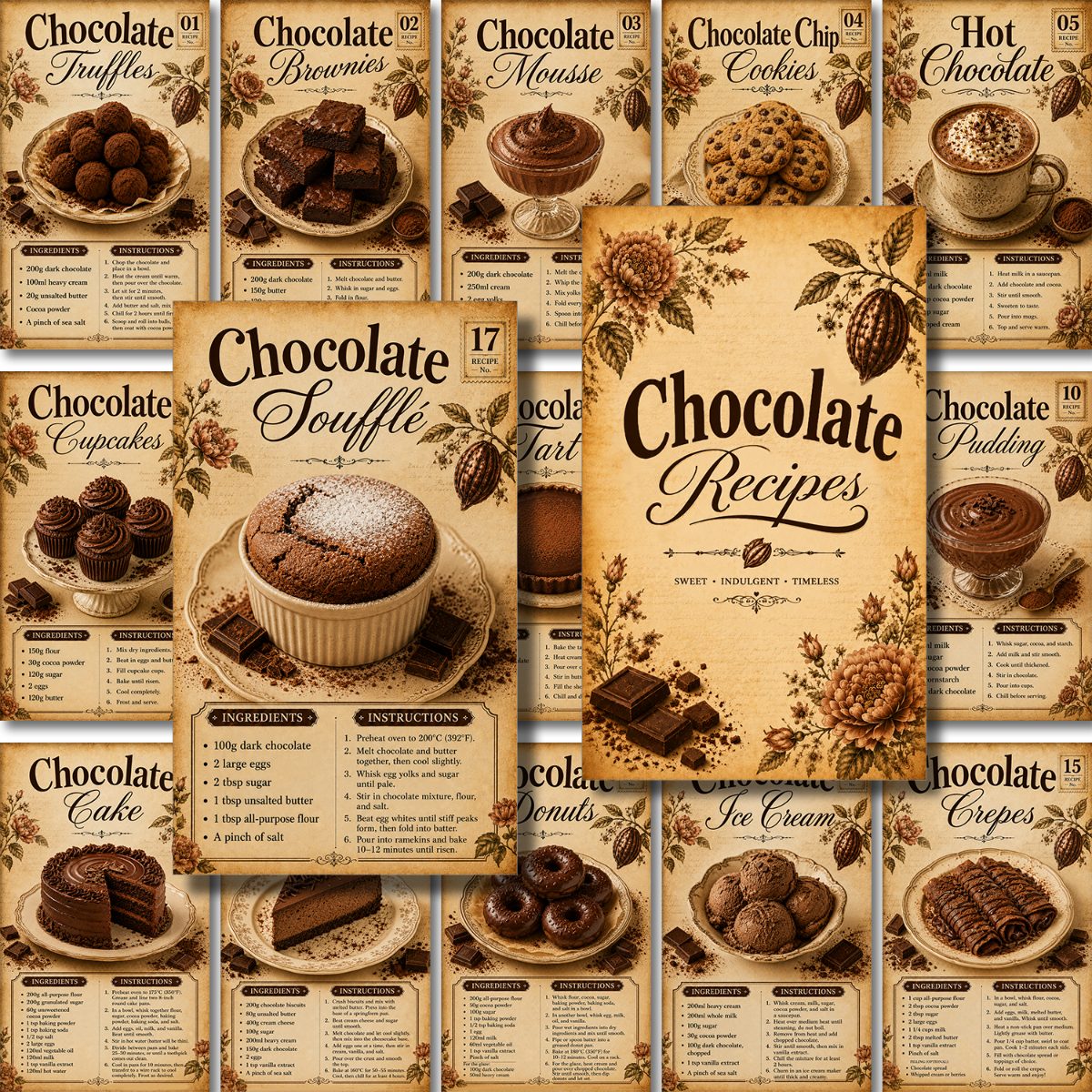 TEMU 21pcs Vintage Chocolate Recipe Cards | Nostalgic Retro For | Charming Kitchen Decor And Baking Inspiration, 20 Cards Plus 1 Paper Box