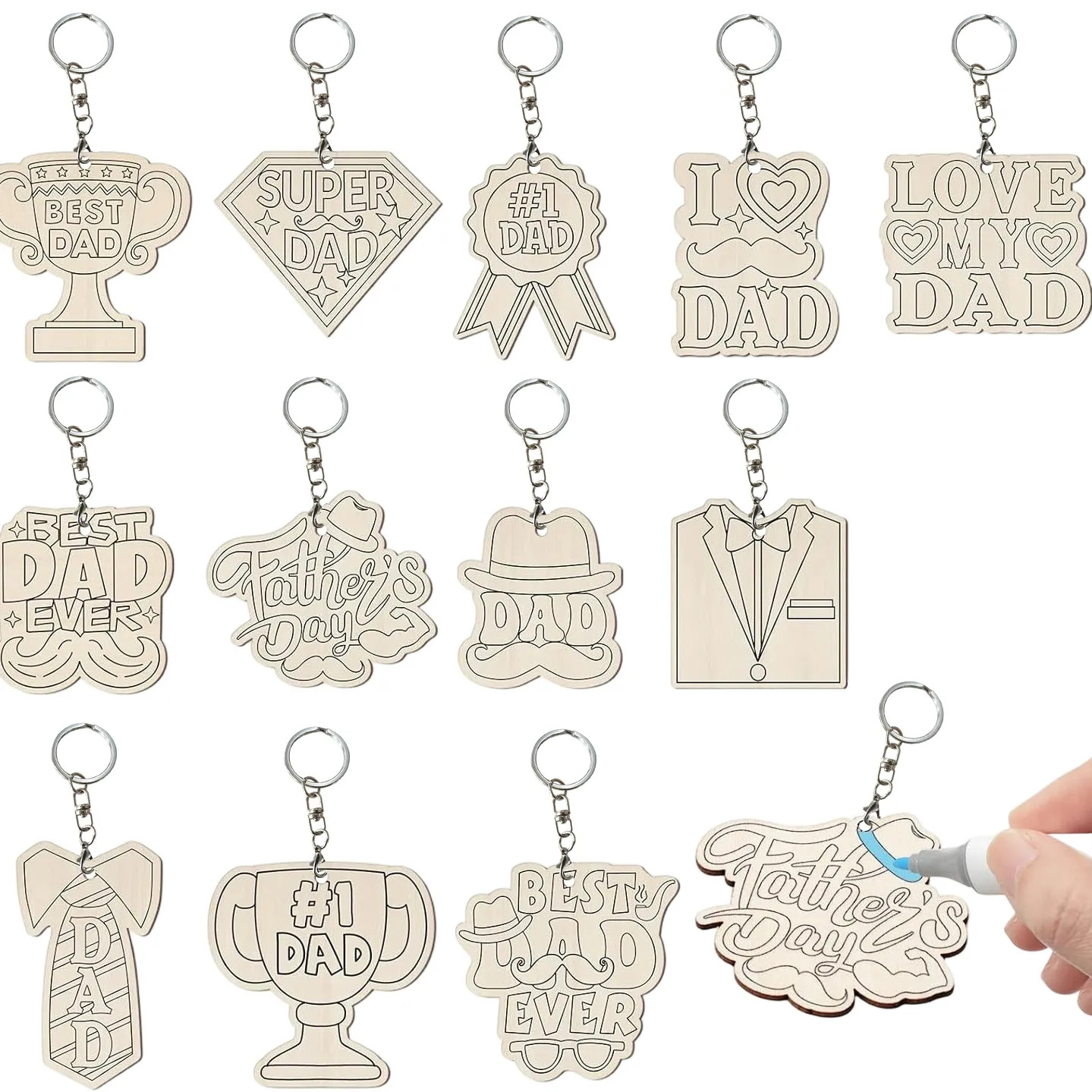 TEMU 12pcs Unfinished Wooden Father's Day Keychains - Craft Kit (trophy, Suit, Best Dad Design), Creative Gift For Dad, Personalized Keychain Decor
