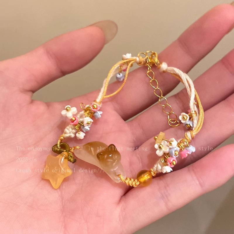 TEMU 1pc New Chinese Style Cute Kitten Star Woven Rope Bracelet, Niche Design All-match Hand Accessory, Bestie Student Daily Wear Jewelry, Gift For