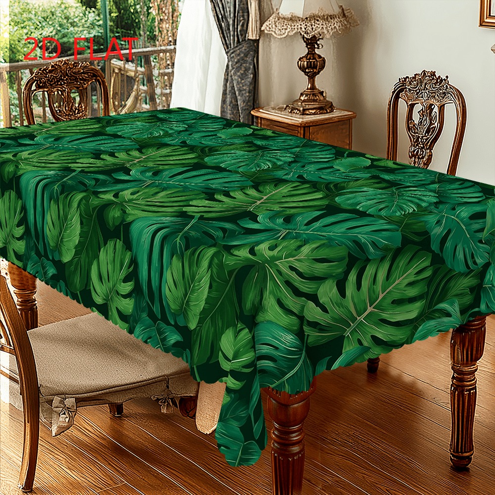 TEMU Tablecloth 1pc 2d Flat Full Tablecloth Leaf Tropical Leaf Pattern Rainforest Style Polyester Rectangular Tablecloth, Easy To Clean And Durable,
