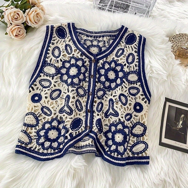 Women'S Bohemian Geometric-Patterned Sleeveless Vest - V-Neck, Lightweight Acrylic Fabric, Casual Summer Style with Hollow Detail, Perfect for Beach or Casual Attire
