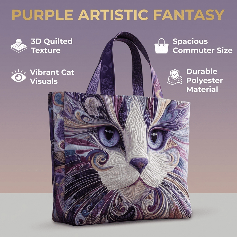 TEMU Artistic Fantasy Purple Cat Quilted Tote Bag, 3d Quilted Swirl Pattern Large Capacity Commuter Shoulder Handbag, For Shopping Travel Beach Daily