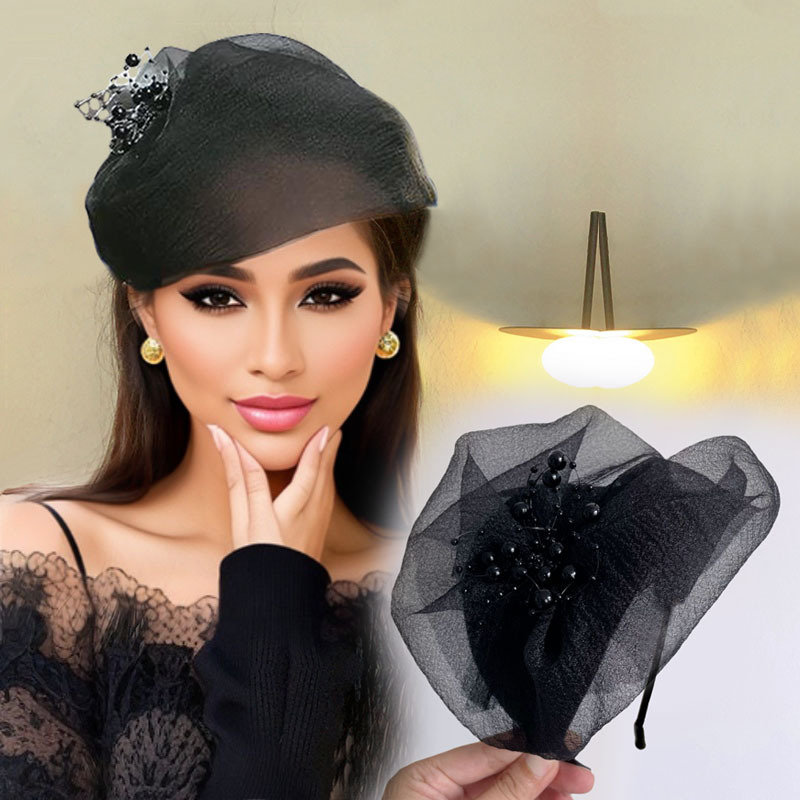 Image of 1pc Women's Fashionable Half-hat Headband, High-quality Gauze And Bead Details, Perfect As A Vintage Hair Accessory And An Ideal Birthday Gift