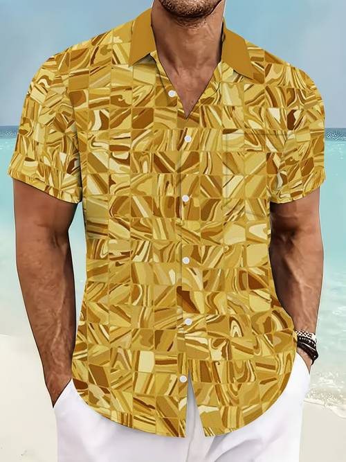 a golden geometric patterned shirt with a shiny end this casual short sleeve top for men from comfortable fabric