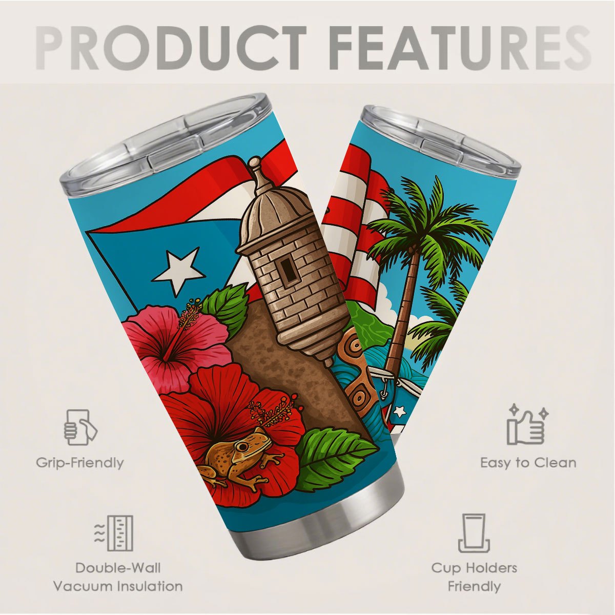 TEMU 1pc 20oz Puerto Flag & Map Insulated Stainless Steel Water Bottle - Leakproof With Puerto Rican License Plate Design, 304 Grade