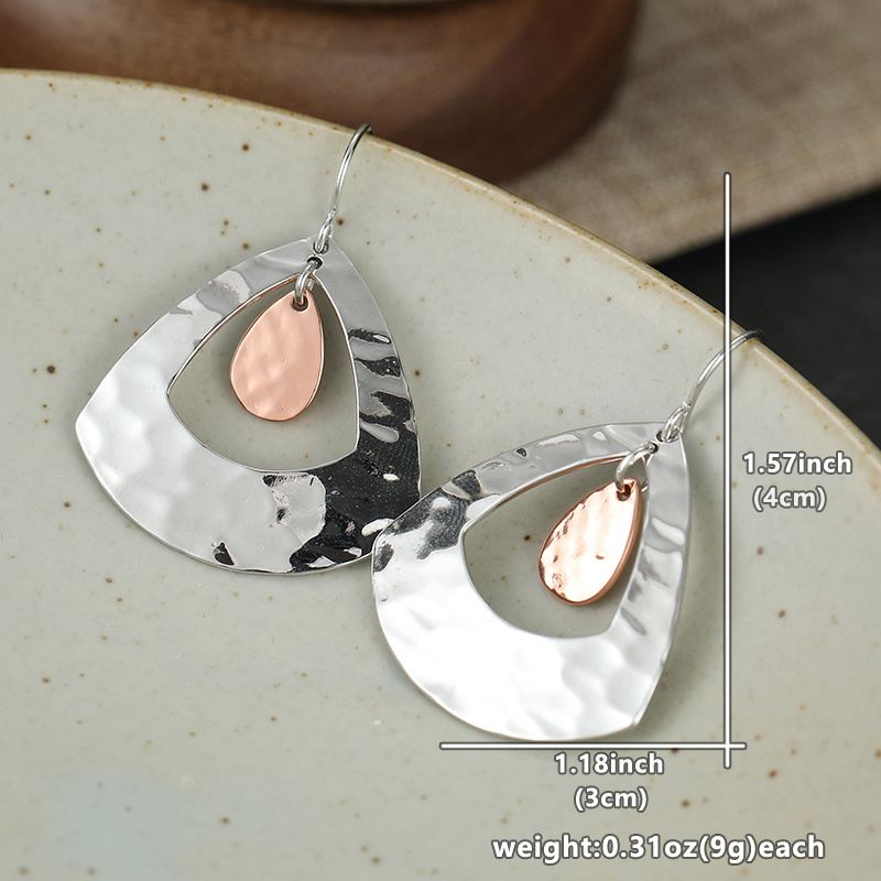 Women's Hammered Teardrop Dangle Earrings, Two-Tone Silvery & Rose Gold