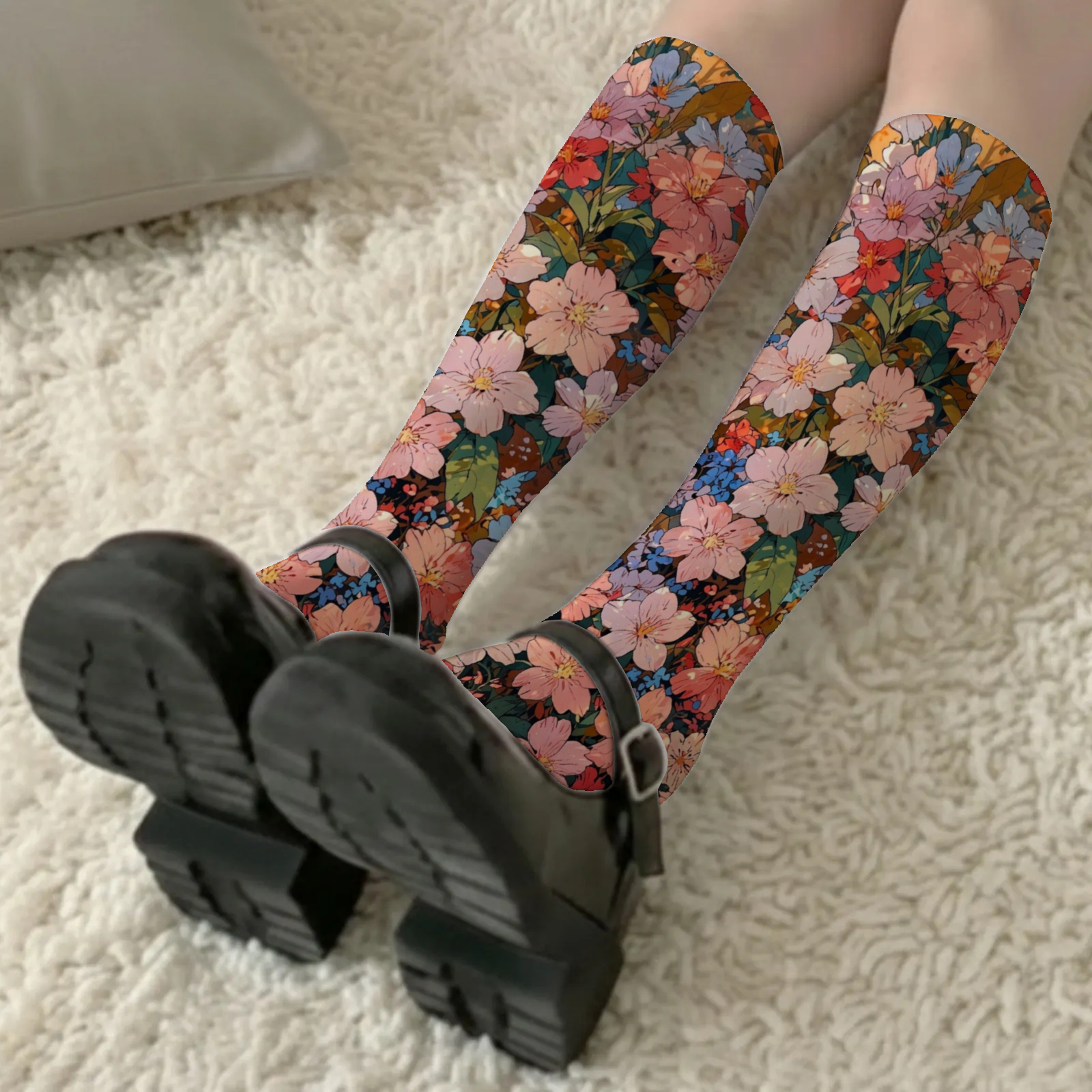 TEMU 1 Pair Vintage Oil Painting Floral Print Over-the-knee Socks, Versatile And Calf Socks, Cartoon Style For Spring And Autumn