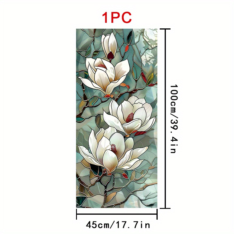 TEMU 1pc Pvc Stained Glass Magnolia Window Film - 45x100cm Static Cling Removable | Petals With -ruby | Branches & -emerald Leaves | Pastel Mosaic