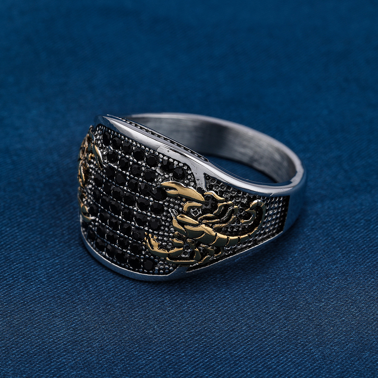 TEMU With Black Cubic Synthetic Synthetic Zirconââ 304l 304l Stainless Ring For Men, Trendy Fashion Style Wide Band, Retro Streetwear Accessory,