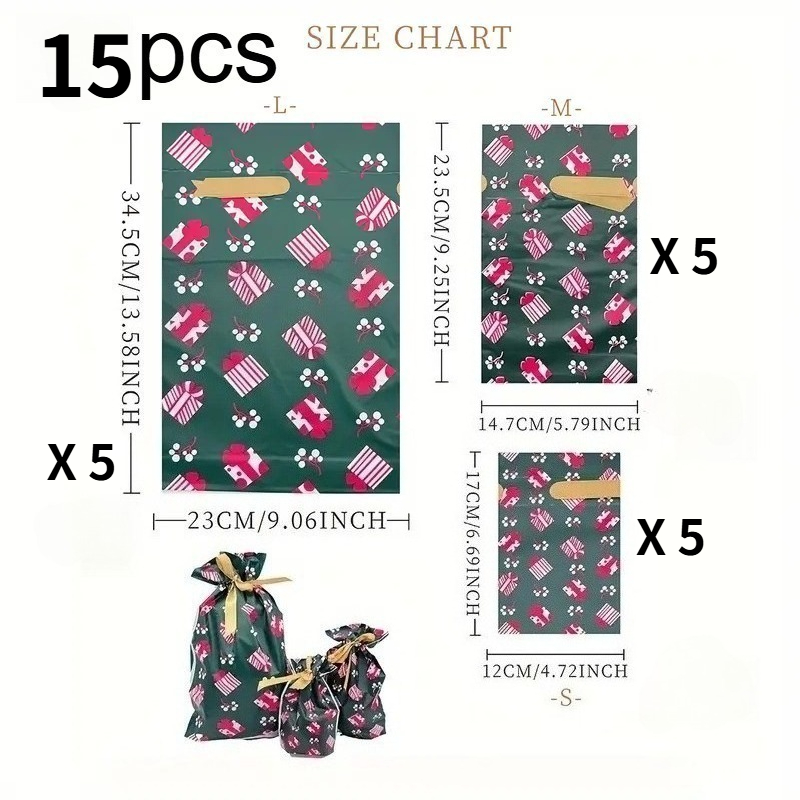TEMU 15pcs Christmas Drawstring Gift Bags With Ribbon - Green And Party Favor Bags, 3 Sizes For Candy, Trinkets, Party Decorations - Durable Paper