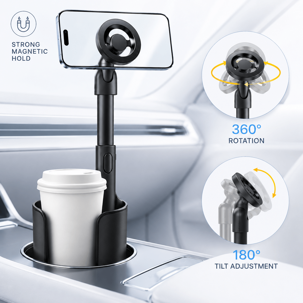 TEMU 2-in-1 Cup Holder Car Phone Mount, Adjustable Telescopic Universal Vehicle Drink Slot Phone Holder, 360° Rotatable Car Navigation Stand Cell