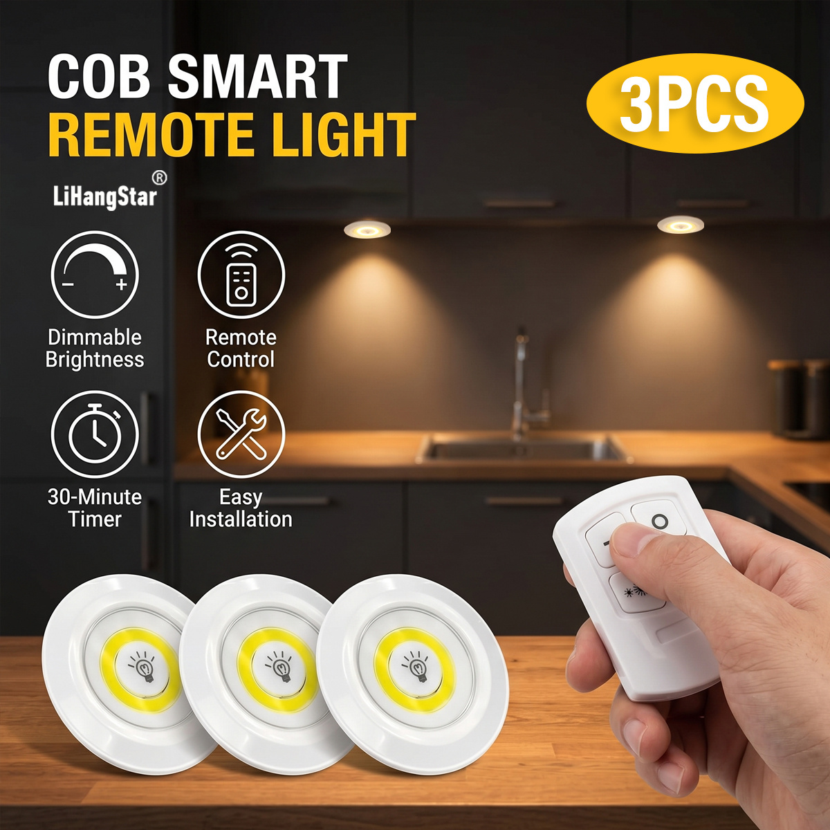 Indoor LED Wall Lights with Remote Control, 3-Pack