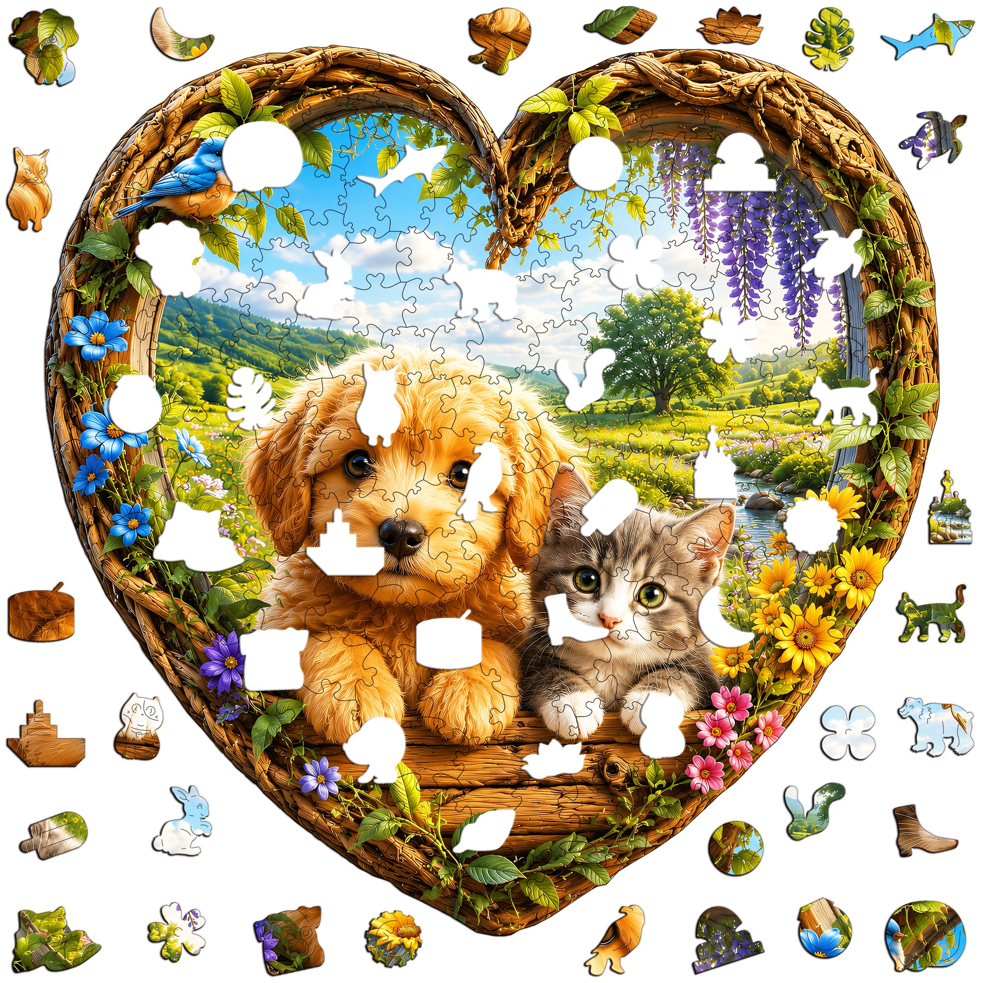 Puppy and Kitten Garden Scene Flat Wooden Puzzle for Kids