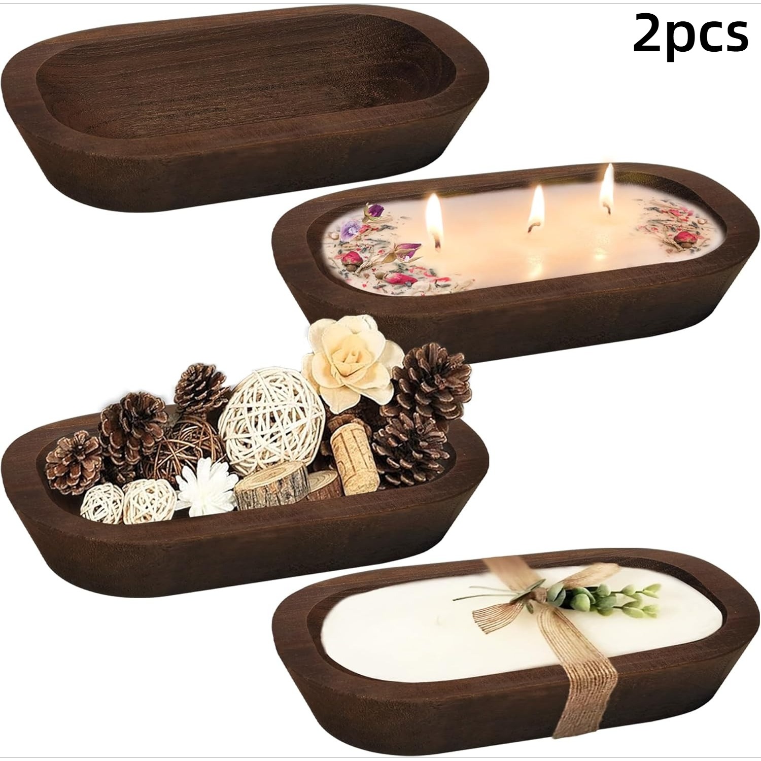 TEMU Lot de 2 bougeoirs en bois et plateau de base - Boîtes à bougies parfumées ovales en bois avec base, adaptées pour la décoration de fête à ,