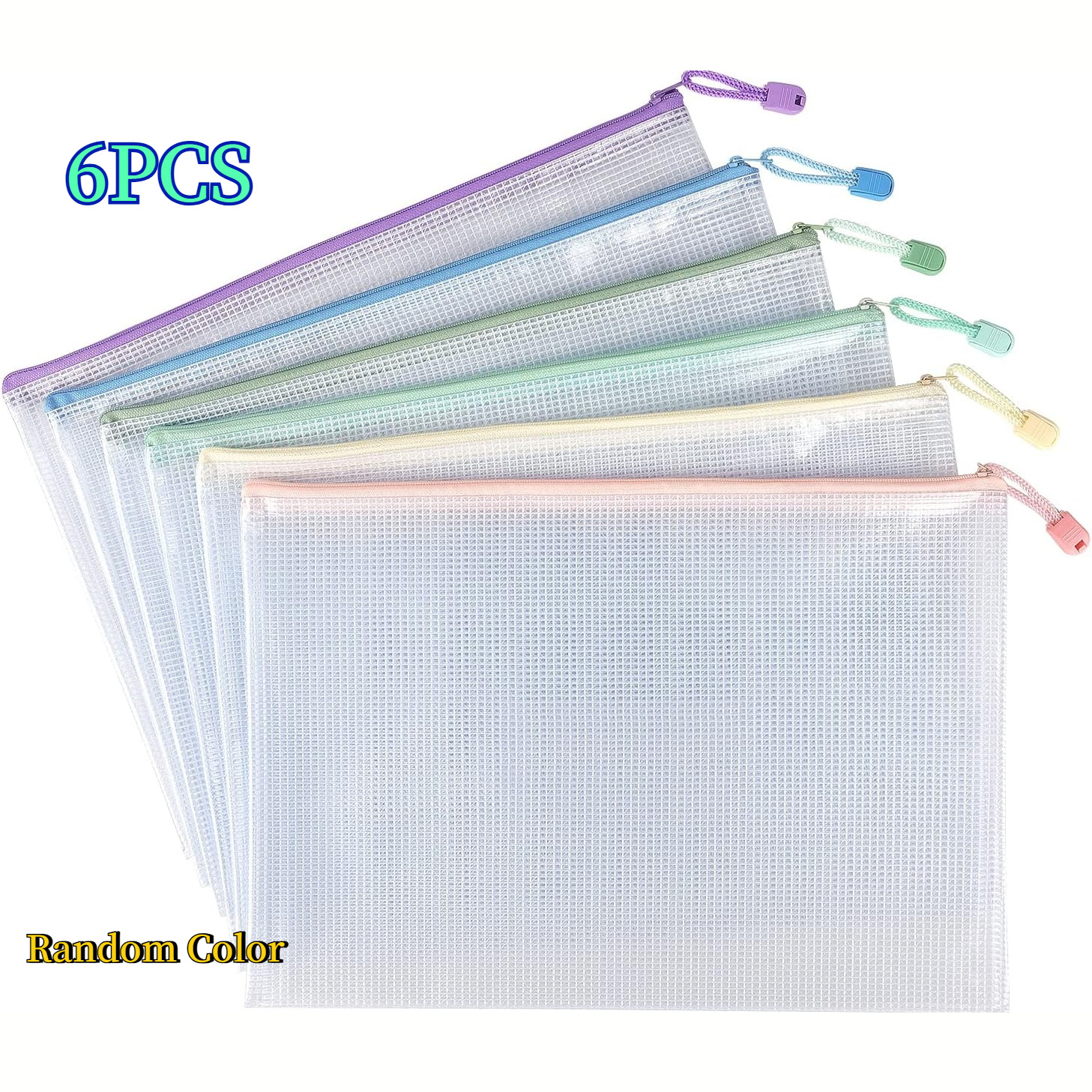 6-pack A4 Mesh Zipper Pouch Set, Random Colors - Reusable Organizer Bags For Travel, Toiletries, Office & Puzzle Storage