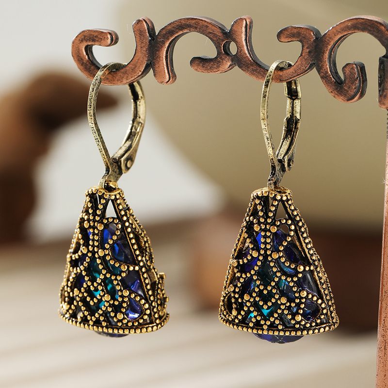 TEMU Boucles d'oreilles pendantes pour femme ethniques en résine bleue incrustée, couleur dorée tendance, sculpture à , bijoux pour et les fêtes,