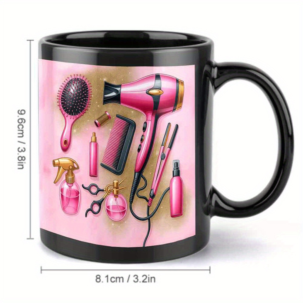 ceramic mug designed for hair salons featuring a heat resistant hair dryer and scissors   with pink hair styling tools a perfect gift for hairstylists barbers and clients this microwave safe coffee cup is ideal for your beverage needs 1pc 6