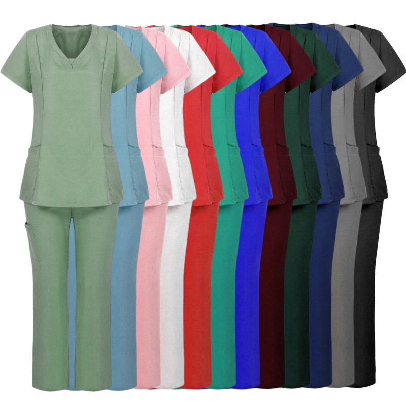 summer nurse uniform cosmetic pet     hand wash clothes set polyester knit fabric loose fit with patch pocket