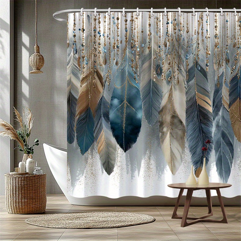 TEMU 1 rideau de douche de plumes verticales avec chaînes dorées et perles , beige et marron sur fond dégradé doux, style fantaisie, décoration de