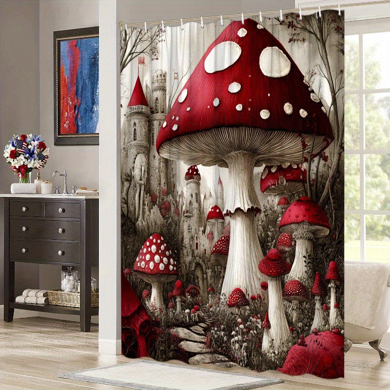 TEMU [2d Flat Printing] 1pc Fantasy Mushroom Forest 2d Curtain, Red And White-spotted Mushrooms With Fairytale Castle, 70.8x70.8 Inches, Includes 12