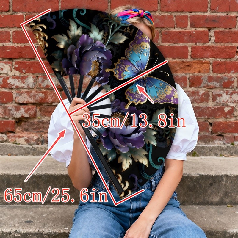 TEMU 1pc Men's Handheld Fan With Ornate Blue-purple & Peony Design - Portable Cooling Fan For Hot Weather, Manual Operation (no /) - Stylish Heat
